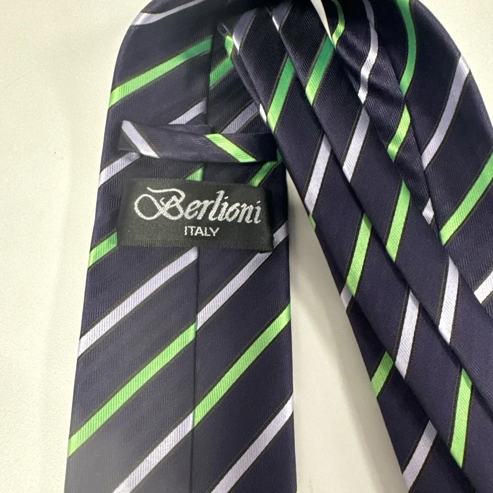 Berlioni‎ Italy Tie micro fiber handmade vintage Blue Green Striped